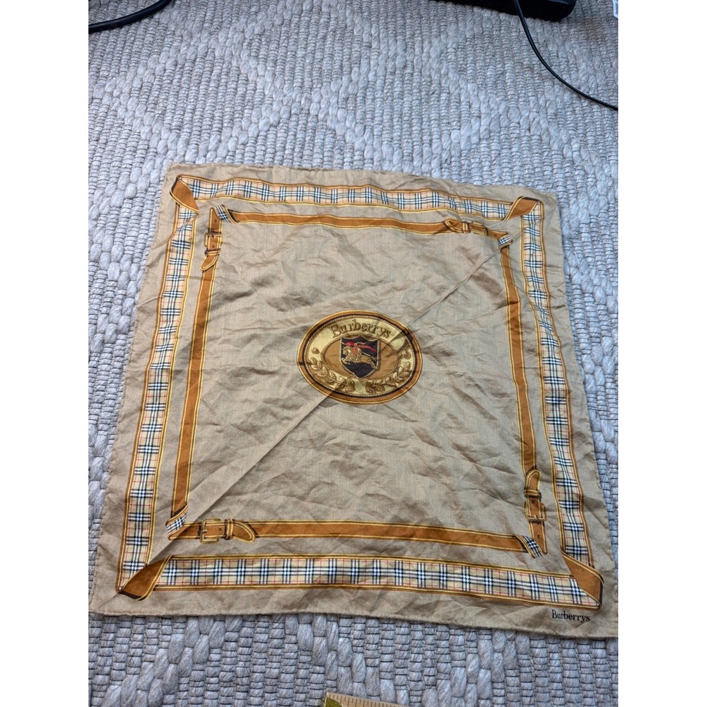 Burberrys Silk Scarf OS Tan Nova Check Equestrian Crest Vintage Old Money